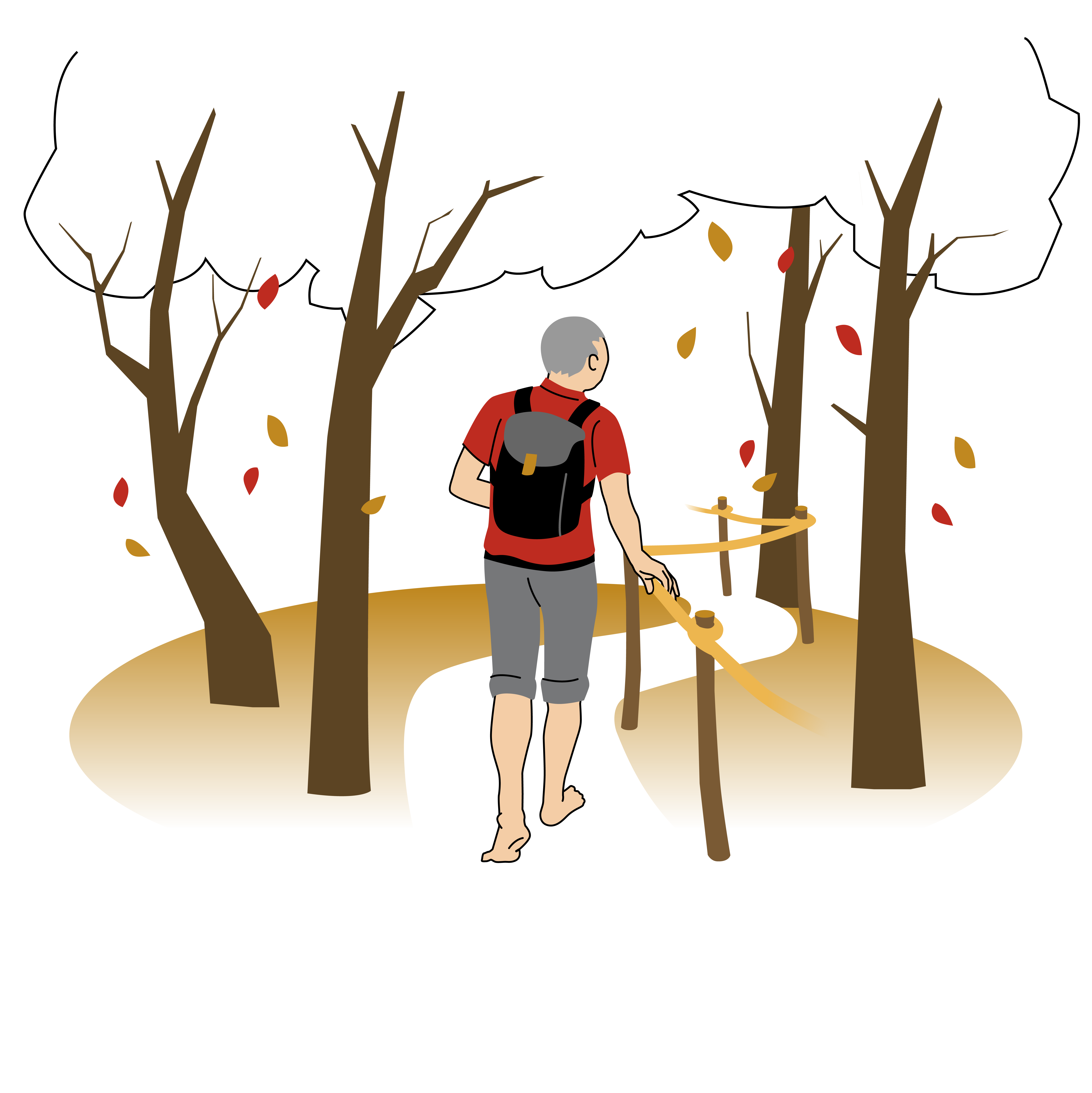 En man med ryggsäck går barfota längs en parkväg och följer ett rep som hålls upp av träpålar längs vägkanten. Intill vägen står träd som fäller höstlöv. Illustration.